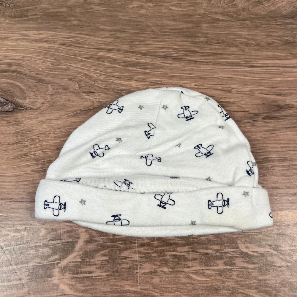 Carter's Luvable Friends Beanie Hat Baby NB 0-3M Blue White Monkey Airplane 3pk